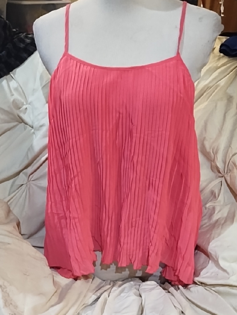AKIRA Coral Pink Pleated Spaghetti-Strap Camisole Top